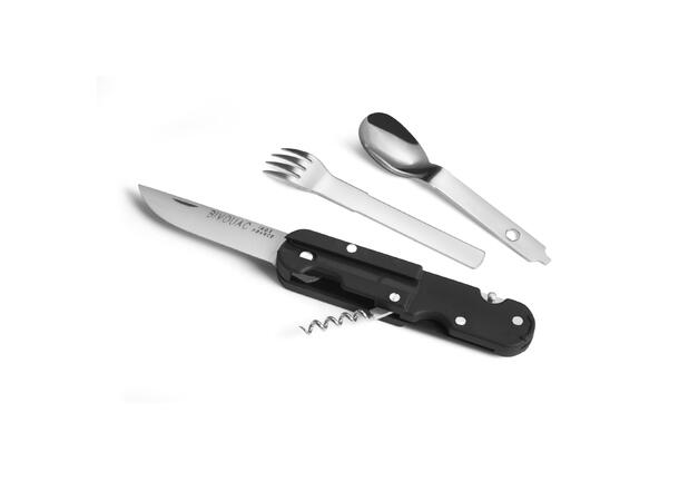 BIVOUAC KNIFE BLACK HANDLE WITH ACCESSORIES AND POUCH 