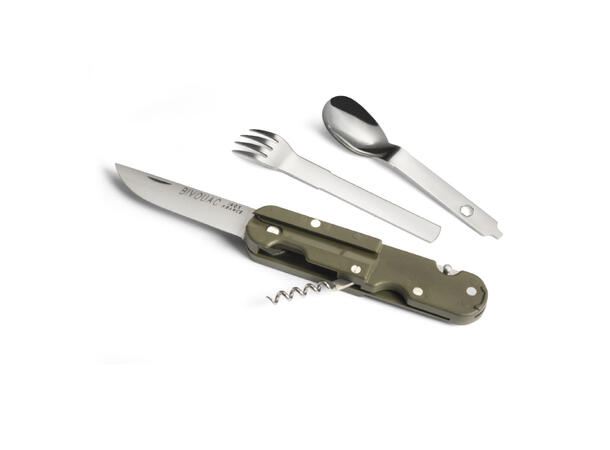 BIVOUAC KNIFE GREEN HANDLE WITH ACCESSORIES AND POUCH 